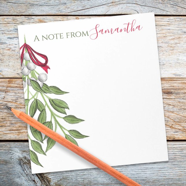 Merry Mistletoe with White Berries Notepad (Merry Mistletoe greenery and red ribbon notepad)