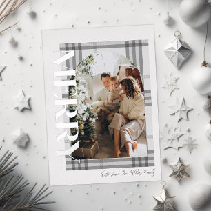 Merry Modern and Grey Plaid Family Photo Foil Holiday Card