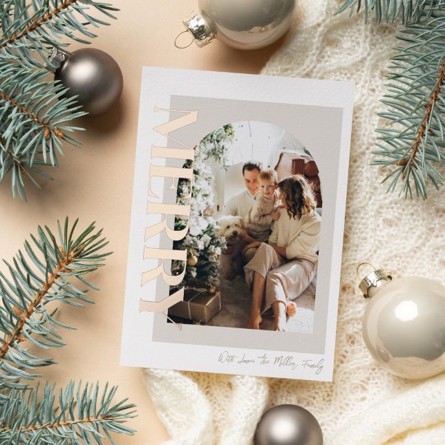 Merry Modern and Neutral Family Photo  Foil Holiday Card (Creator Uploaded)