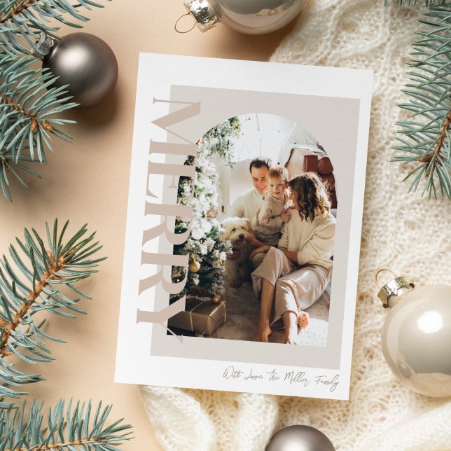 Merry Modern and Neutral Family Photo  Holiday Card (Neutral Merry Photo Christmas Card)