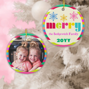 merry Modern Bold Colourful Personalised Photo Ceramic Ornament