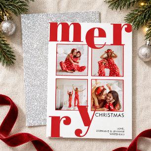 Merry Modern Bold Typography Red 4 Photo Collage Holiday Card