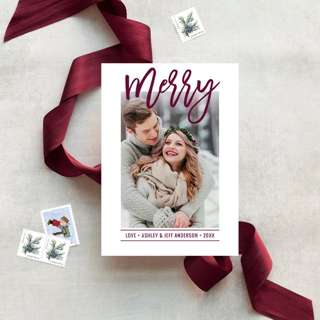 Merry Modern Burgundy Script Newlywed Photo Holiday Card (Creator Uploaded)