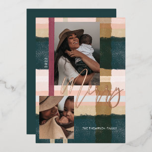 Merry Modern Green & Pink Plaid Plaid Two Photo Foil Holiday Card