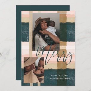 Merry Modern Green & Pink Plaid Plaid Two Photo Holiday Card