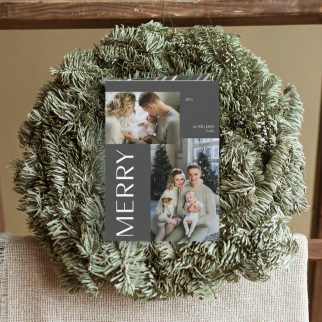 Merry Modern Grey 2 Photo Christmas Holiday folded Card (Spread Cheer! Customize Your 'MERRY' Photo Holiday Card 📷🎄 [Upload Here])