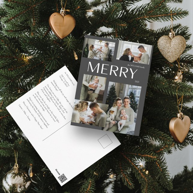 Merry Modern Grey 5 Photo Christmas Holiday Postcard (Spread Cheer! Customize Your 'MERRY' Photo Holiday Card 📷🎄 [Upload Here])