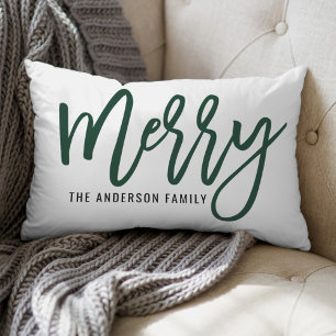 Merry Modern Hunter Green Script Holiday Christmas Lumbar Cushion