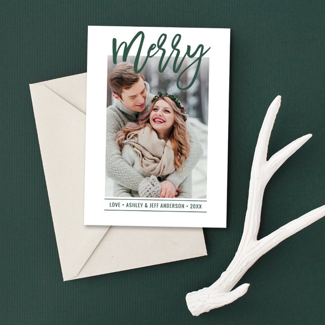 Merry Modern Hunter Green Script Newlywed Photo Holiday Card (Creator Uploaded)