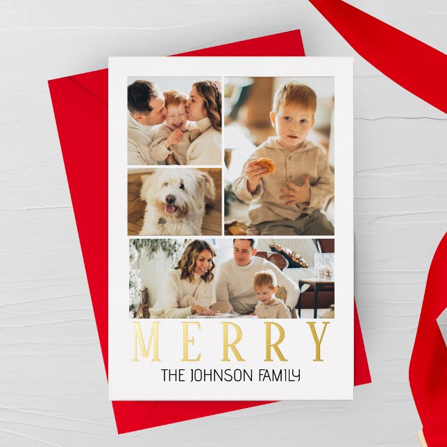 Merry Modern Photo Collage Foil Holiday Card (Creator Uploaded)