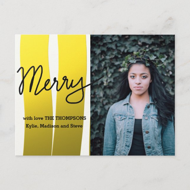 Merry Modern Script Gold Stripes Holiday Photo Postcard (Front)