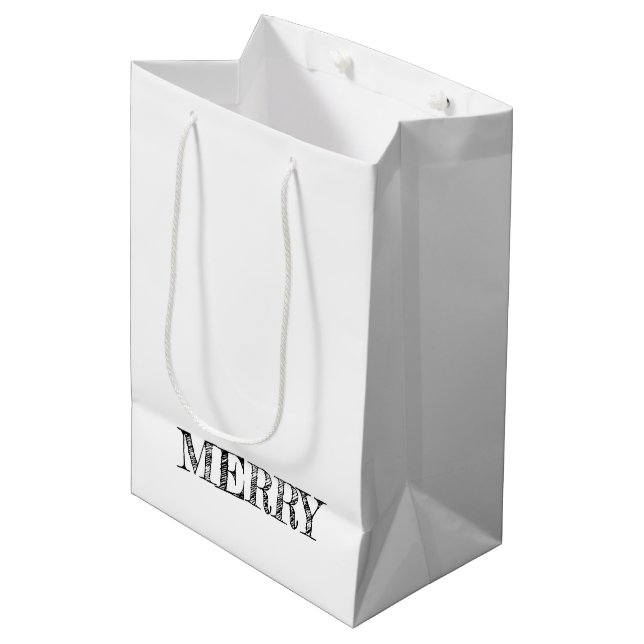 MERRY Modern Text Christmas Holiday Fun Black Medium Gift Bag (Front Angled)