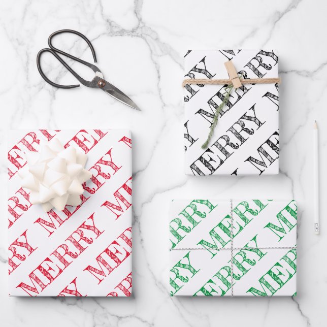 MERRY Modern Text Christmas Holiday Fun Wrapping Paper Sheet (Front)