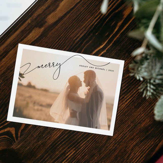 Merry Modern Typography Name 2 Photo Christmas Holiday Card (Married & Merry: Celebrating Love This Christmas 🎄❤️)