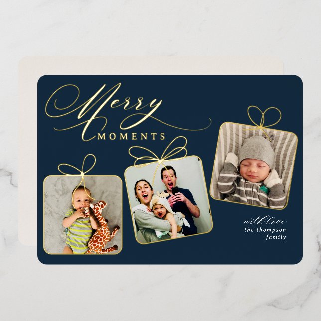 Merry Moments Dark Blue Photo Collage Gold Foil Holiday Card (Front/Back)
