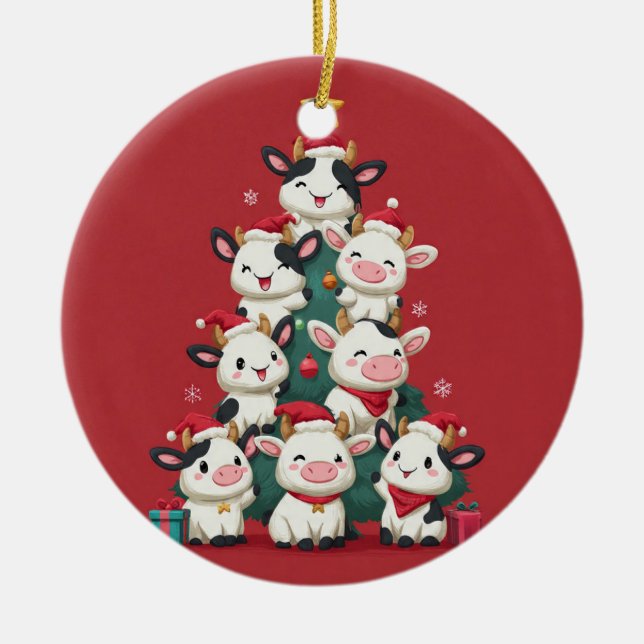 Merry Moo Christmas Ceramic Ornament (Front)