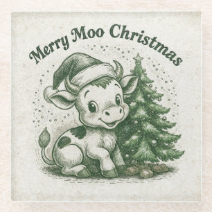 Merry Moo Christmas Glass Coaster