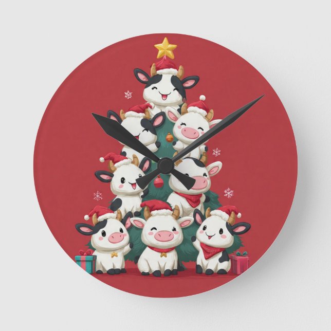 Merry Moo Christmas Round Clock (Front)