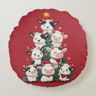Merry Moo Christmas Round Cushion