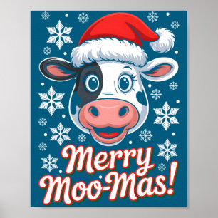 Merry Moo-mas Christmas Cartoon Farm Animal Outfit Poster