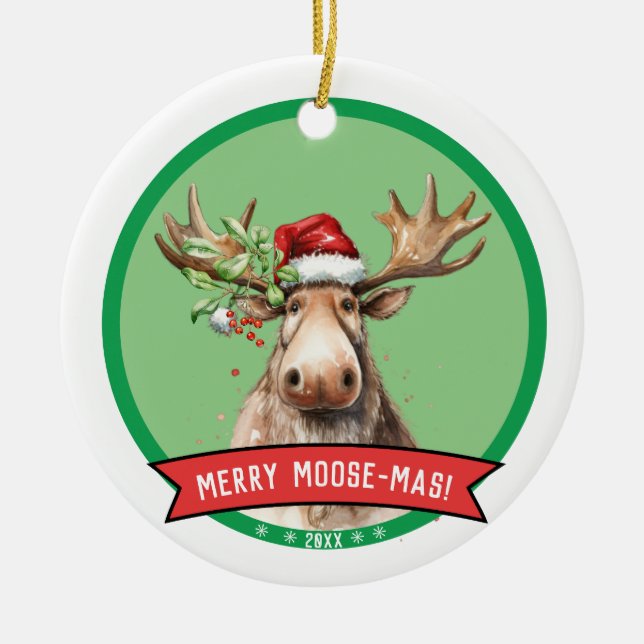 Merry Moose - Mas Holiday Christmas  Ceramic Ornament (Front)