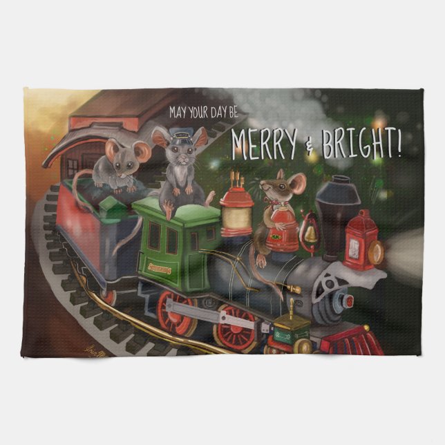 Merry Mouse Holiday Train   Tea Towel (Horizontal)