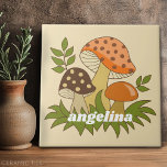 Merry Mushroom with Custom Name Ceramic Tile<br><div class="desc">A fun design with funky mushrooms. A throwback design with avocado green,  brown and orange shades.</div>