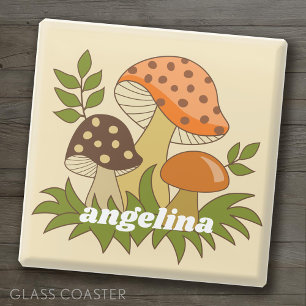Merry Mushroom with Custom Name Glass Coaster