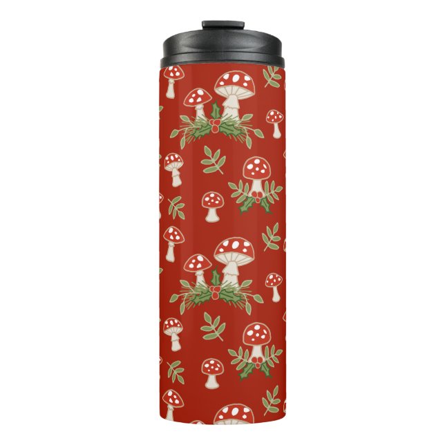 Merry Mushrooms on Cranberry Thermal Tumbler (Front)