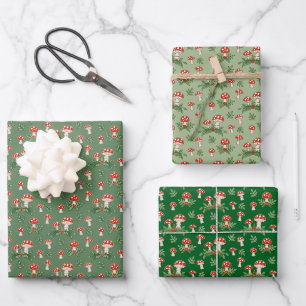 Merry Mushrooms on Greens Wrapping Paper Sheet