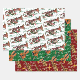 Merry Music Saxophone, Violin and Trumpet Festive Wrapping Paper Sheet