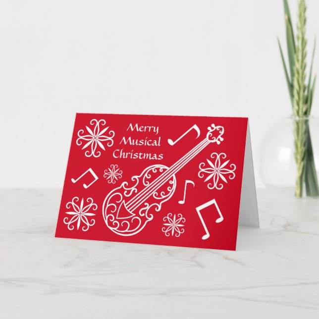 Merry musical Christmas red and white violin Holiday Card (Front)