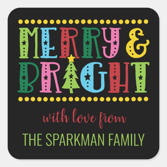 Merry N Bright Colourful Cute Personalised Holiday Square Sticker (Front)