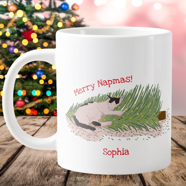 Merry Napmas! Funny Cat vs Christmas Tree Large Coffee Mug (Creator Uploaded)