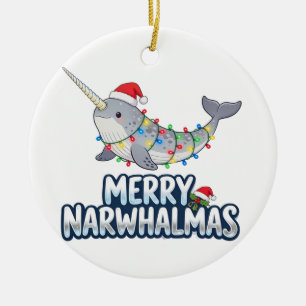 Merry Narwhalmas Wearing a Santa Hat Christmas Ceramic Ornament