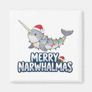 Merry Narwhalmas Wearing a Santa Hat Christmas Magnet