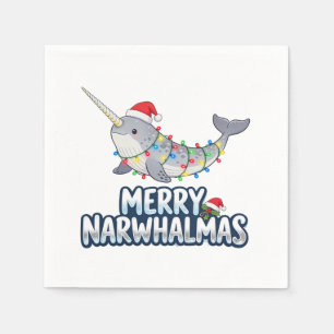 Merry Narwhalmas Wearing a Santa Hat Christmas Napkin