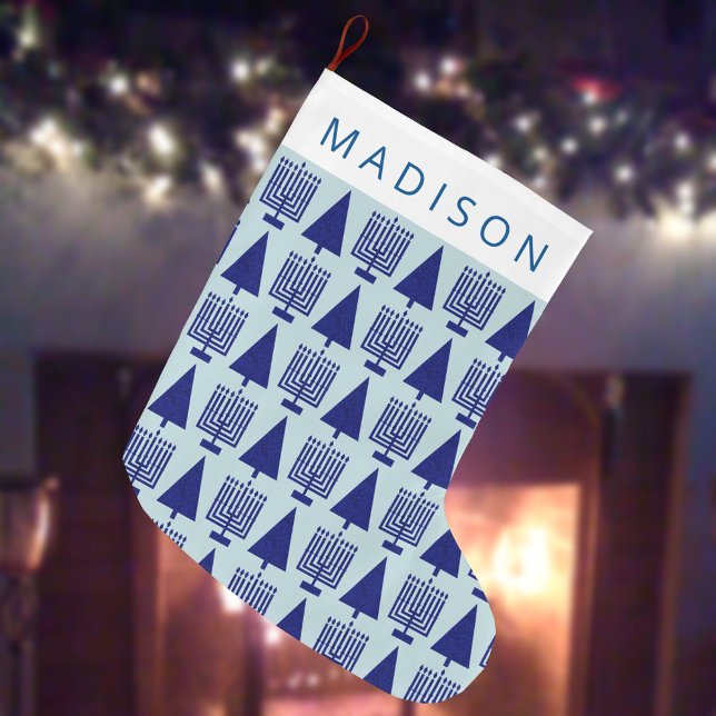 Merry Navy Interfaith Chrismukkah Cute Childs Name Large Christmas Stocking (Add a child's (or adult's!) name to this cute tree and menorah Chrismukkah stocking for the holidays)