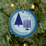 Merry Navy Interfaith Cute 1st Chrismukkah Photo Ceramic Ornament<br><div class="desc">Personalise this cute OUR 1ST CHRISMUKKAH ornament in navy and pastel blue for a one of a kind family keepsake. From the simple navy blue Christmas tree to the matching navy blue Hanukkah menorah, this dark navy and light blue ceramic ornament will commemorate your first blended interfaith holiday. Upload your...</div>