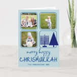 Merry Navy Interfaith Cute Handwriting 3 Photo Holiday Card<br><div class="desc">Custom Merry Happy Chrismukkah holiday greeting cards featuring your photos are a cute way to spread holiday cheer during the holidays. Created with interfaith families in mind, this unique design includes fun casual handwritten style fonts in dark blue on a light blue background, three of your favourite photos and a...</div>