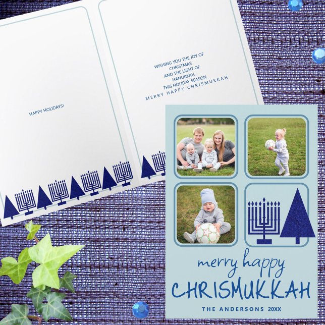 Merry Navy Interfaith Cute Handwriting 3 Photo Holiday Card (Folded interfaith holiday cards with your photos and custom text are easy to personalize)