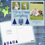 Merry Navy Interfaith Family Kids 3 Photo Holiday Postcard<br><div class="desc">A 3 photo collage holiday postcard template for you to personalise for elegant navy and pastel blue interfaith Merry Happy Everything holiday greetings makes it a breeze to create your own Chrismukkah postcards. The front of these chic navy and light blue photo postcards feature modern Christmas trees and a navy...</div>