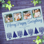 Merry Navy Interfaith Menorah Tree Cute 4 Photo Holiday Card<br><div class="desc">Personalise these 4 photo collage holiday cards in a simple navy blue and pastel blue Merry Happy Everything interfaith design. An elegant stylised script font in deep blue with a slight drop shadow in white adds interest and the row of five navy blue Menorahs and four matching Christmas trees makes...</div>