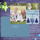 Merry Navy Interfaith Tree Menorah Cute 3 Photo Holiday Card<br><div class="desc">Photo templates make designing your own 3 photo collage holiday cards a snap with this modern elegant script Merry Happy Everything design in navy and pastel blue. Add your favourite large photo on the left of these custom cards then add two smaller pictures on the upper right above MERRY HAPPY...</div>