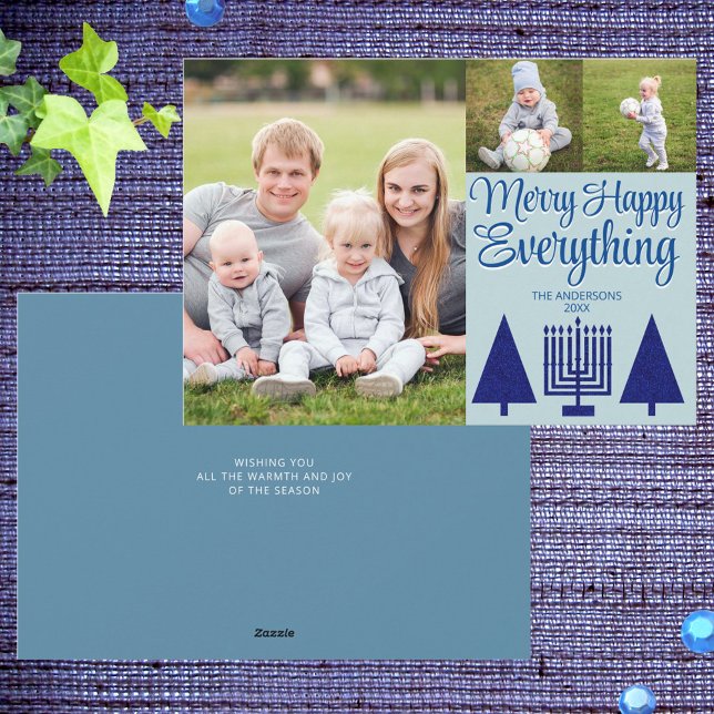 Merry Navy Interfaith Tree Menorah Cute 3 Photo Holiday Card (Add your photos to these cute Merry Happy Everything holiday cards)