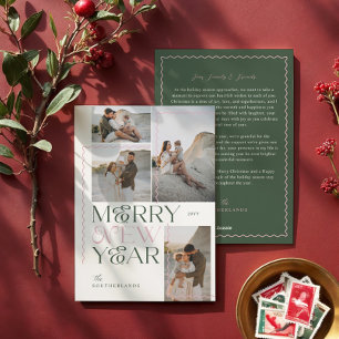 Merry New Year Wavy Modern Minimal 4 Photo Collage Holiday Card