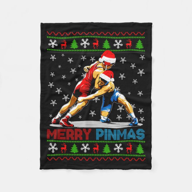 Merry Nmas Ugly Christmas Santa Claus Wrestling Bo Fleece Blanket (Front)