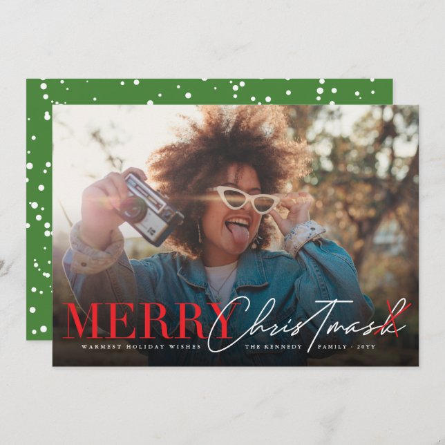 Merry No Mask Classic Script Modern Funny Photo Holiday Card (Front/Back)