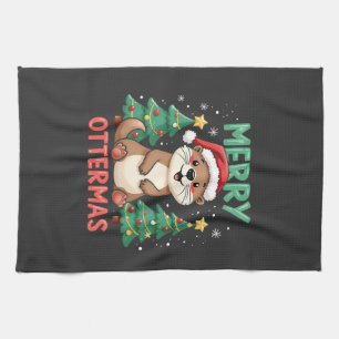 Merry Ottermas Funny Otter Animal Christmas Lovers Tea Towel