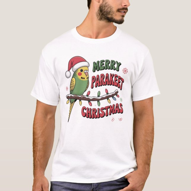 Merry Parakeet Christmas | Cute Santa Hat Bird Hol T-Shirt (Front)